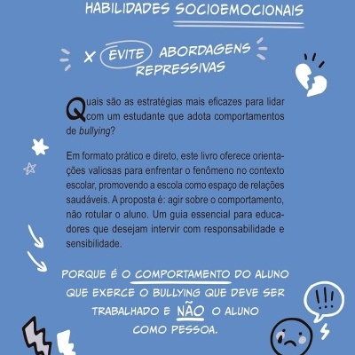Contra-capa de livro azul com texto educativo sobre bullying e ISBN