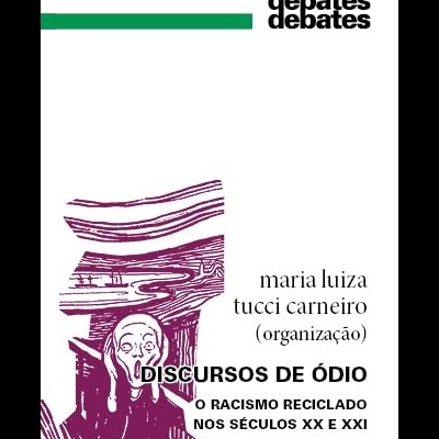 Capa de livro branca com título, nome do autor, ilustração roxa e detalhes gráficos em verde e preto