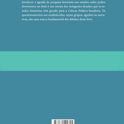 Capa traseira de livro azul com faixa verde e texto em português sobre pesquisa feminista.