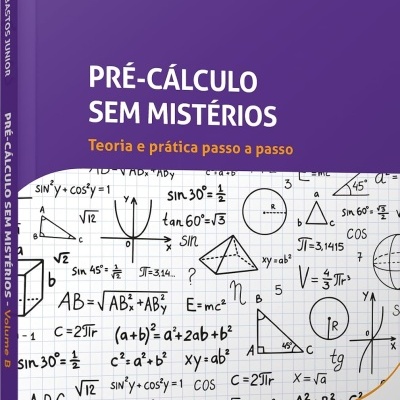 Livro PRÉ-CÁLCULO SEM MISTÉRIOS capa roxa e branca com fórmulas matemáticas.