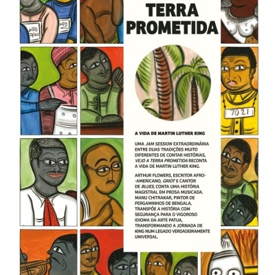Cartaz colorido com ilustrações e texto sobre a vida de Martin Luther King