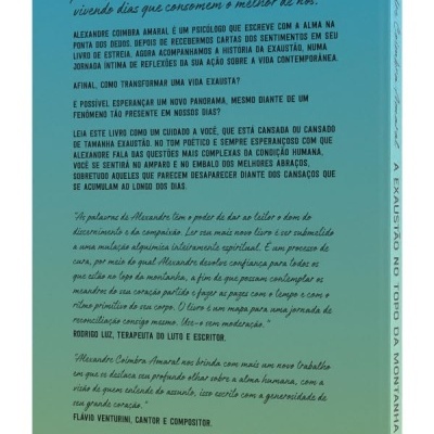 Capa traseira do livro A Exaustão no Topo da Montanha em azul e verde com texto em português e código de barras.