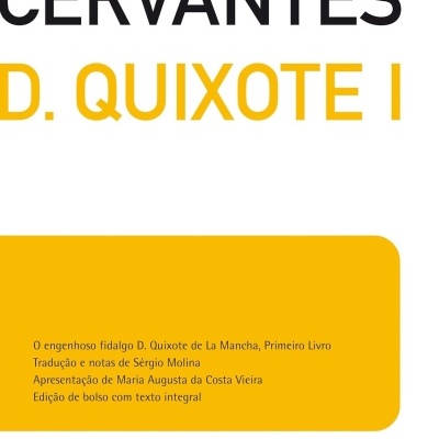 Capa do livro D. Quixote I com fundo branco e retângulo amarelo, texto em preto e amarelo