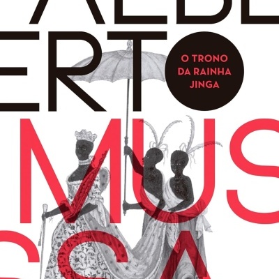 Capa de livro com título O TRONO DA RAINHA JINGA e ilustração de figuras históricas