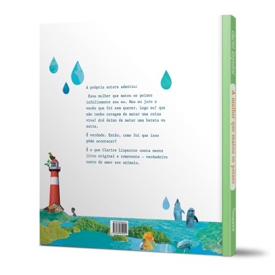 Capa traseira e lombada de livro com ilustrações e texto em português
