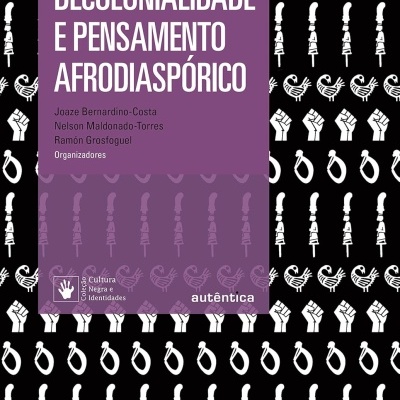 Capa de livro roxa e preta com padrão branco e texto sobre decolonialidade e pensamento afrodiáspórico.