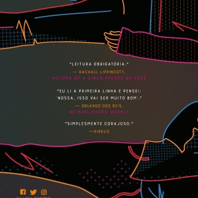 Capa de livro com desenhos abstratos coloridos e texto com citações críticas