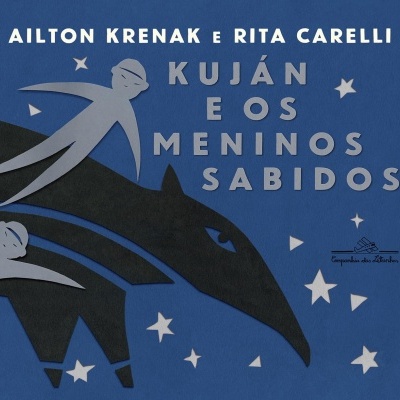 Capa de livro azul com figuras recortadas e texto em branco
