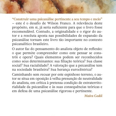 Contracapa de livro com texto em português, padrão de fundo aquarelado e marcas editoriais.