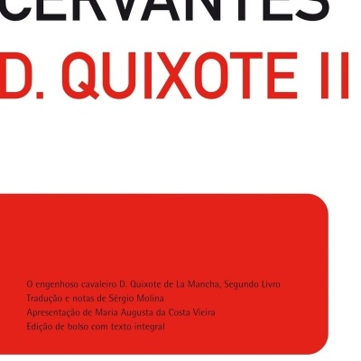 Capa de livro com texto CERVANTES D. QUIXOTE II em fundo branco e vermelho