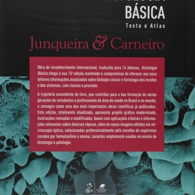 Capa de livro Histologia Básica de Junqueira & Carneiro com texto descritivo em português