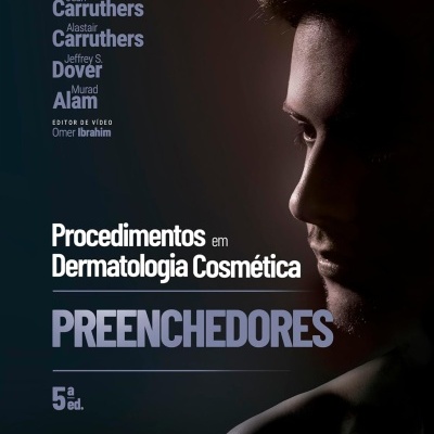 Capa de livro Procedimentos em Dermatologia Cosmética PREENCHEDORES com imagem de rosto masculino em sombra