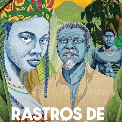 Capa de livro ilustrada com três pessoas em selva e texto RASTROS DE RESISTÊNCIA