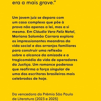 Capa amarela de livro com texto sobre sinopse e informações literárias em português