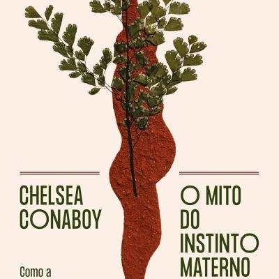 Capa de livro com figura vermelha texturizada coberta de folhas verdes e texto em verde