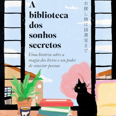 Capa de livro com ilustração de janela, planta, chávena, livros e gato preto.