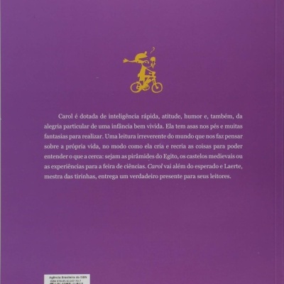 Capa traseira de livro roxa com texto e ilustração de bicicleta amarela