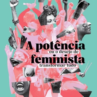 Capa de livro com colagem artística de faces e mãos femininas e texto de título e autor