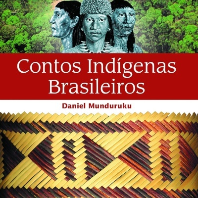 Livro Contos Indígenas Brasileiros com ilustração indígena e padrão trançado colorido