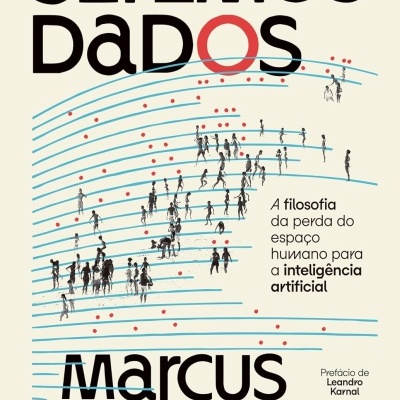 Capa de livro com título SEREMOS DADOS em preto e vermelho, com linhas azuis e pontos vermelhos, figuras humanas, nome do autor Marcus Bruzzo.