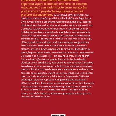 Verso de livro com texto em português, código de barras, QR code e logo Blucher num fundo vermelho.