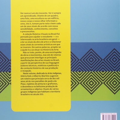 Contracapa de livro com texto em português, fundo azul, amarelo e padrões geométricos.