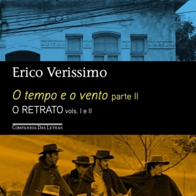 Capa de livro O tempo e o vento parte II O RETRATO com edifício antigo azul e homens com chapéus e mantas