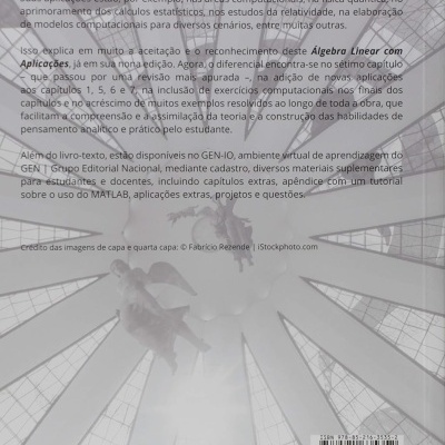Contra-capa de livro com texto e imagem de arcos com estátuas de anjos em fundo cinzento