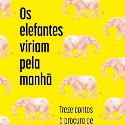 Capa de livro amarela com elefantes cor de rosa e texto em preto