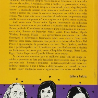 Verso do livro com texto em português e ilustrações em preto e branco de três mulheres.