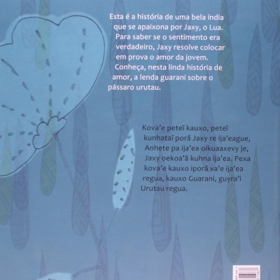 Parte traseira de um livro com fundo azul e texto em português e outra língua indígena.