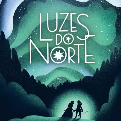 Capa do livro Luzes do Norte com céu estrelado, aurora boreal e duas silhuetas humanas