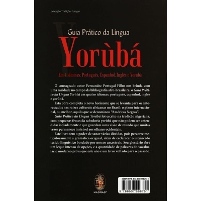 Contracapa do livro Guia Prático da Língua Yorùbá com texto descritivo e código de barras