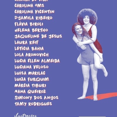 Capa de livro azul com lista de autores, duas mulheres em fato de banho e código de barras