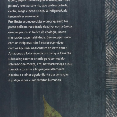 Contracapa de livro azul escuro com texto e códigos no fundo decorado com penas e folhas.