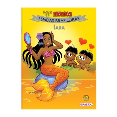 Capa amarela de livro infantil Turma da Mônica Lendas Brasileiras Iara com ilustração de sereia e dois meninos