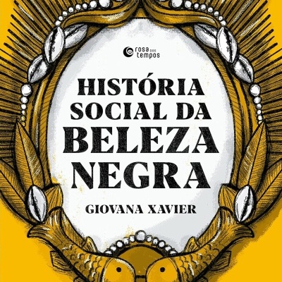 Capa de livro História Social da Beleza Negra com ornamento dourado e peixes.