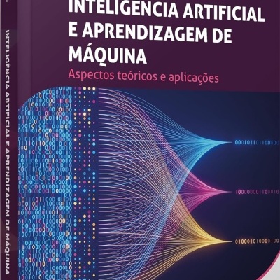 Livro sobre inteligência artificial e aprendizagem de máquina com capa roxa e design digital colorido
