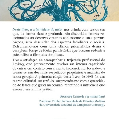 Contracapa do livro com ilustração de árvore azul e texto em português sobre psicanálise