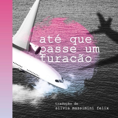 Capa de livro com avião branco sobrevoando água cinzenta com sombra de furacão e texto em português.