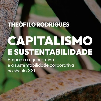 Capa de livro com título CAPITALISMO E SUSTENTABILIDADE em branco sobre fundo de estrutura metálica enferrujada