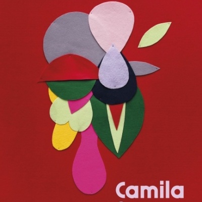 Capa de livro vermelha com recortes de papel colorido e texto em branco.