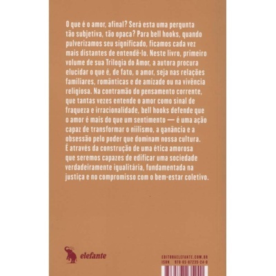 Contracapa de livro castanha com texto branco e logótipo de elefante.