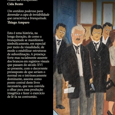 Contracapa de livro com texto em português e pintura de cinco pessoas em trajes formais