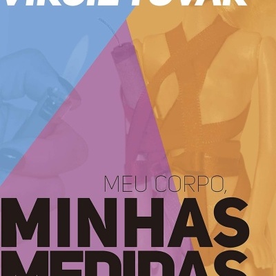 Capa de livro com boneca e texto em cores azul, laranja e lilás