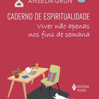 Capa de livro Caderno de espiritualidade de Anselm Grün com ilustração de escritório e gato