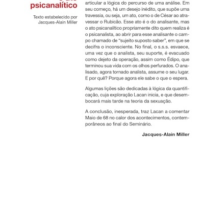 Contracapa do livro O SEMINÁRIO livro 15 o ato psicanalítico com texto em português e logo da editora Zahar