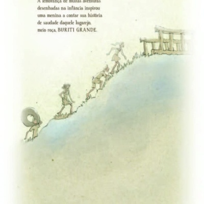 Ilustração de crianças subindo colina com texto em português sobre Buriti Grande