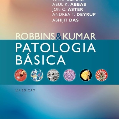 Capa do livro Robbins & Kumar Patologia Básica com imagens microscópicas coloridas