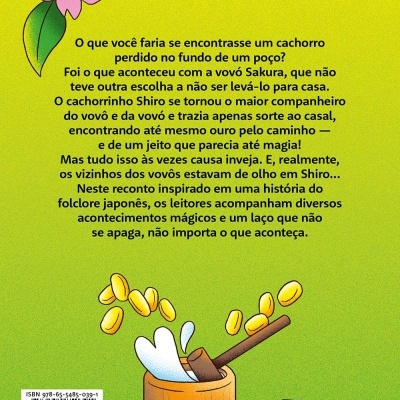 Contracapa de livro com texto em português, ilustração de flores, pilão de madeira, moedas douradas e selo Coleção Canoa.